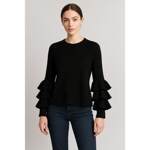 Saks Fifth Avenue Cashmere Tiered Ruffle Sleeve Sweater Black Size M